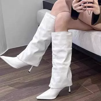 Женские остроносые ботинки челси, туфли на среднем каблуке до колена, зимняя дизайнерская обувь 2024 года, новинка, туфли-лодочки, сексуальный тренд, Mujer Zapatos 35 чёрный