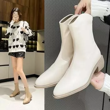 Женские остроносые ботинки, удобные, утягивающие, белые, повседневные туфли, прочный язычок, зимние, короткие ботинки во французском стиле 35
