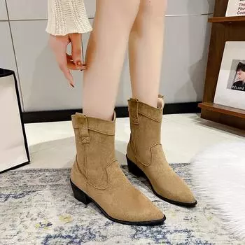 Женские остроносые ковбойские сапоги в стиле вестерн, женские сапоги до середины икры на толстом каблуке, модные осенне-зимние ретро-сапоги, женские полусапожки до середины икры 35 бежевый