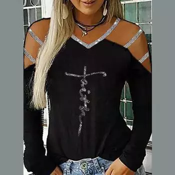 Женские открытые плечи рукава V-образный вырез пайетки сексуальные топы