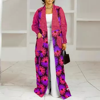 Женские пальто больших размеров с цветочным принтом и лацканами с длинным рукавом S жёлтый