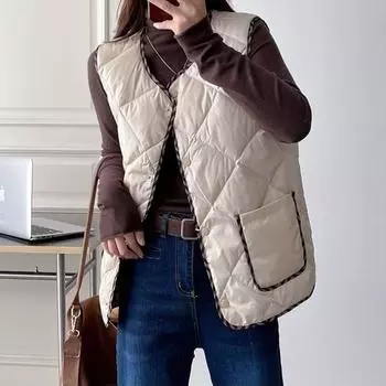 Женские пальто большого размера 2024 зимняя легкая свободная куртка без воротника с несколькими карманами без рукавов 2XL чёрный