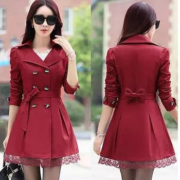 Женские пальто для отдыха, приталенный двубортный пиджак с бантом на поясе и длинными рукавами, отложной воротник, верхняя одежда XXXL красный