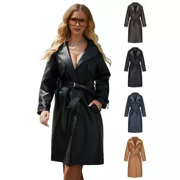 Женские пальто из искусственной кожи с лацканами, ветровка, свободный плащ из искусственной кожи с тремя рядами пуговиц, классическое пальто с поясом, верхняя одежда на осень и зиму S верблюд