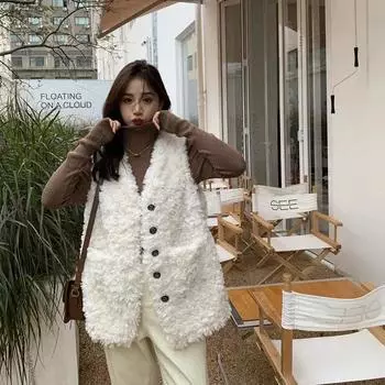 Женские пальто осень-зима мода овечья шерсть без рукавов свободная верхняя одежда повседневные карманы мягкие теплые меховые жилеты для женщин 3XL серый
