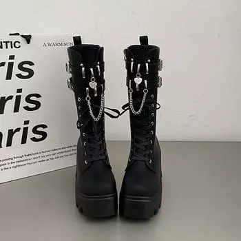 Женские панк-готические сапоги, модные сапоги с пряжкой и цепочкой на высоком каблуке, женские сапоги до середины голени из черной искусственной кожи, размер плюс 42, осенние сапоги 35