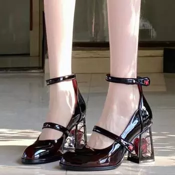 Женские панк-кожаные туфли Мэри Джейн в готическом стиле на высоком каблуке Туфли-лодочки из кожи на розовом каблуке Туфли в стиле Лолиты с ремешками на щиколотке Женские туфли Мэри Джейн с ремешками на щиколотке 36 бордовый