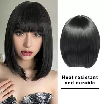 Женские парики Бобу с челкой, естественный вид, короткий шиньон из высокотемпературного шелка, долговечный модный пушистый черный/коричневый парик, головные уборы, головные уборы чёрный