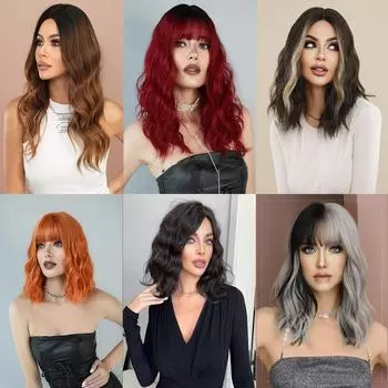 Женские парики доступны в различных стилях. Модные вьющиеся волосы средней длины. Большие волны. Головной убор из розовой сетки. 42cm 16 inch чёрный