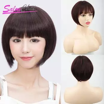 Женские парики из натуральных волос с челкой, короткие прямые темно-коричневые парики