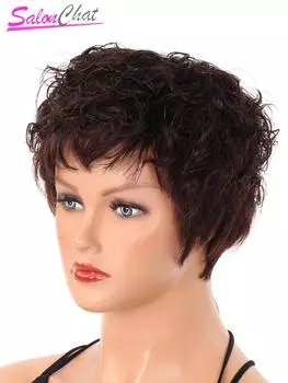Женские парики из натуральных волос с челкой, короткие вьющиеся темно-коричневые парики