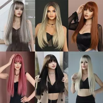 Женские парики, разноцветные, многоцветные, длинные, прямые волосы, розовая сетка для волос, полный головной убор, дышащие и удобные парики 68cm 26.77Inch розовый