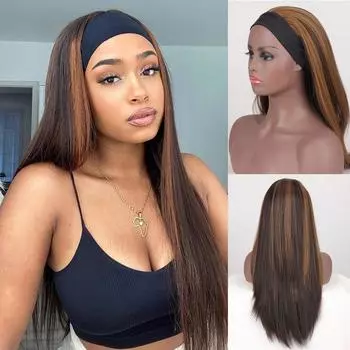 Женские парики с повязкой на голову, черные/коричневые длинные прямые парики с повязкой на голову, синтетические парики с повязкой на голову премиум-класса, натуральные парики с повязками на голову и париком