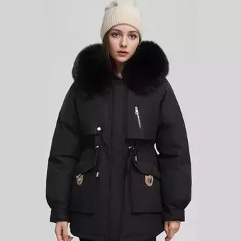 Женские парки 2024 Зимняя женская хлопковая куртка с меховым воротником Теплые пальто с капюшоном Женское зимнее пальто с завязками на талии M хаки