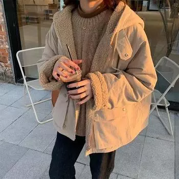 Женские парки большого размера с капюшоном, толстое пальто, женские мягкие куртки Kawaii, двусторонняя верхняя одежда, осенне-зимние теплые топы с длинными рукавами S бежевый