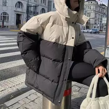 Женские парки контрастного цвета, осенне-зимние модные винтажные пальто с капюшоном, повседневная утепленная куртка на молнии на пуху M чёрный