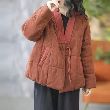 Женские парки с цветочным принтом в китайском стиле, зимние пальто на одной пуговице с v-образным вырезом и длинными рукавами, теплые лоскутные парки One Size кофейный