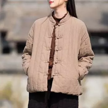 Женские парки в китайском стиле, однотонные зимние пальто со стойкой и длинными рукавами на пуговицах, теплые хлопковые парки One Size кофейный
