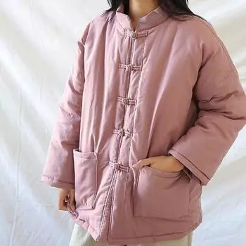Женские парки в китайском стиле с длинными рукавами и пуговицами, однотонные пальто с карманами, зимние винтажные пальто One Size розовый