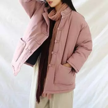 Женские парки в китайском стиле с длинными рукавами и пуговицами, однотонные пальто с карманами, зимние винтажные пальто One Size розовый