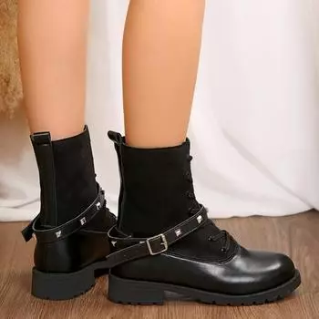 Женские парусиновые ботильоны для женщин с острым носком, эластичные, на толстом среднем каблуке, модные короткие ботинки 2024 года, новая обувь на платформе 36 чёрный