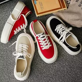 Женские парусиновые кроссовки на толстой подошве со шнуровкой 2025 года — низкая, дышащая, универсальная повседневная спортивная обувь. EU 38 красный