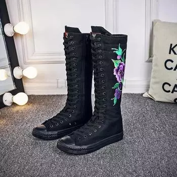 Женские парусиновые сапоги, длинные танцевальные сапоги, туфли на плоской подошве с принтом роз, на молнии, удобные вулканизированные кроссовки 35