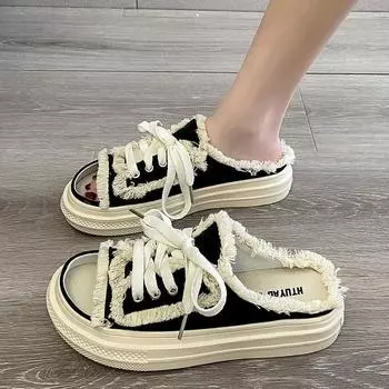 Женские парусиновые тапочки на плоской подошве, женская повседневная обувь на шнуровке, женские модные тапочки на платформе, женские джинсовые пляжные сандалии с открытым носком2024 36