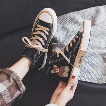 Женские парусиновые туфли Little Bear с высоким берцем и бархатом на мелкой подошве, повседневные туфли на резиновой подошве со шнуровкой, женские туфли на плоской подошве 5 чёрный