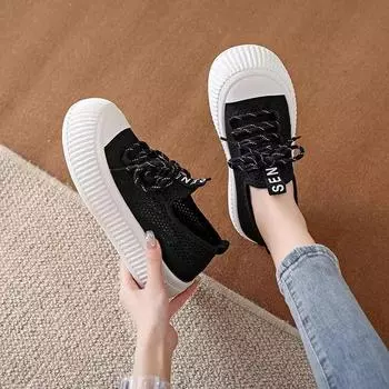 Женские парусиновые туфли на толстой подошве, летние новые женские туфли на шнуровке, дышащие, повседневные, модные, увеличивающие рост, туфли в форме печенья 35