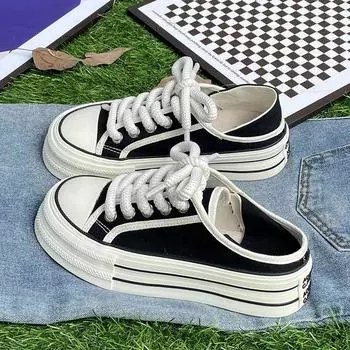 Женские парусиновые туфли на толстой подошве, летние, новые, двухсторонние, универсальные, полутапочки, белые, ленивые туфли 34 чёрный