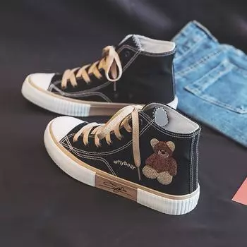Женские парусиновые туфли с милым медведем и вышивкой, высокие парусиновые туфли на шнуровке, повседневные кроссовки 37 чёрный