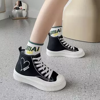 Женские парусиновые туфли с высоким берцем и толстой подошвой, повседневные маленькие белые туфли, студенческие туфли для досок 35 чёрный