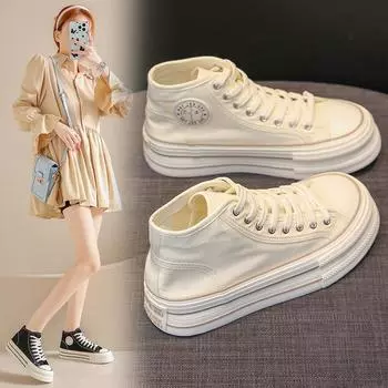 Женские парусиновые туфли с высоким верхом, удобная повседневная обувь для женщин 2024 года, универсальные кроссовки на платформе, персонализированная обувь для скейтбординга 35 чёрный