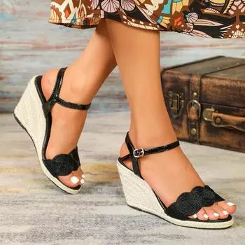Женские пеньковые веревочные сексуальные новые модные простые водонепроницаемые соломенные сандалии на танкетке LFD-11011-9 35 чёрный