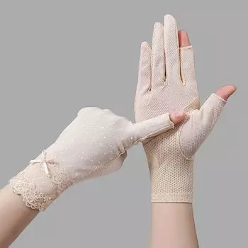 Женские перчатки из ледяного шелка с полупальцами, дышащие, для сбора чая, солнцезащитные Cotton-Lace lace-dew two fingers-beige All yards