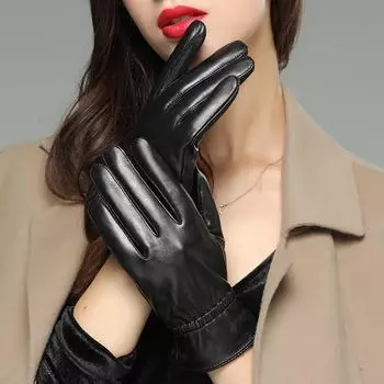 Женские перчатки из натуральной кожи, теплые, бархатные, утолщенные, ветрозащитные, с сенсорным экраном, для езды на велосипеде на открытом воздухе L чёрный