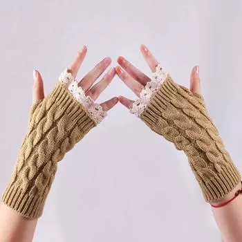 Женские перчатки с кружевными рукавами, теплые вязаные перчатки до половины пальцев One size красный