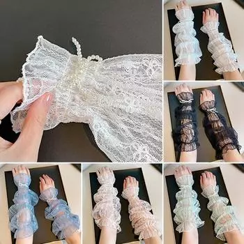 Женские перчатки с перламутровым бантом, сетчатые солнцезащитные дышащие перчатки с длинным рукавом, без пальцев, защита от ультрафиолета, выдолбленные варежки с кружевом зелёный