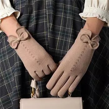 Женские перчатки с вышивкой бантом, варежки для вождения с сенсорным экраном, зимние перчатки для активного отдыха, сохраняющие тепло, модные перчатки для велоспорта чёрный