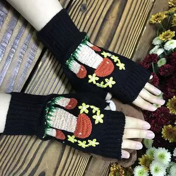 Женские перчатки с вышивкой грибами, вязаные крючком перчатки с половиной пальца