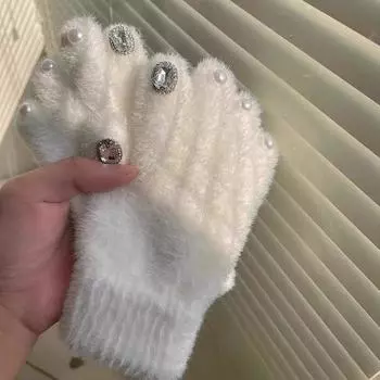 Женские перчатки со стразами Новые зимние бархатные утепленные перчатки Студенческие перчатки для верховой езды из норки с пятью пальцами