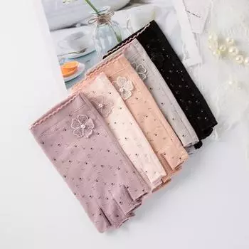 Женские перчатки Стильный искусственный жемчуг Цветочный декор Эргономичный дизайн Перчатки для верховой езды Девушки Наружные солнцезащитные варежки для верховой езды Перчатки для рыбалки чёрный