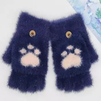 Женские перчатки зимние милые бархатные перчатки с рисунком для студентов, пишущие флип-перчатки из утолщенного хлопка, теплые и холодные перчатки, шерстяные перчатки с полупальцами one size синий