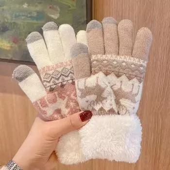 Женские перчатки зимние милые теплые перчатки для верховой езды на открытом воздухе перчатки для сенсорных экранов вязаные шерстяные перчатки с пятью пальцами утолщенные перчатки с подкладкой one size