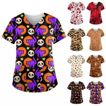Женские персонализированные топы с v-образным вырезом и короткими рукавами с принтом Хэллоуина, рабочие футболки L оранжевый