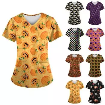 Женские персонализированные топы с v-образным вырезом и короткими рукавами с принтом Хэллоуина, рабочие футболки L золотой