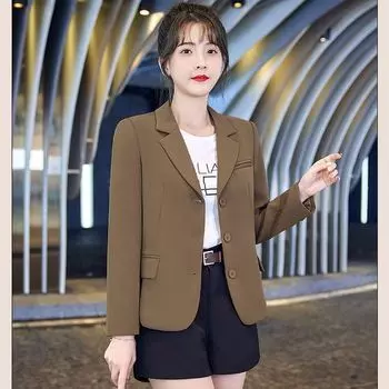 Женские пиджаки больших размеров, куртки для офиса, женский модный костюм, тонкий однобортный деловой женский пиджак, пальто, формальный S-XL L коричневый