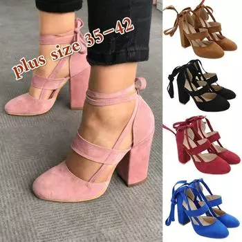 Женские пикантные каблуки 3 цвета с замшевыми ремешками, туфли на толстом высоком каблуке, летние сандалии для вечеринок 35 чёрный