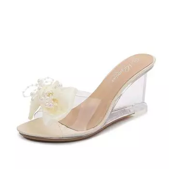 Женские пикантные сандалии на каблуке с бантом и кристаллами 8 см, танцевальные трендовые тапочки LFD-1098-113 34 бежевый